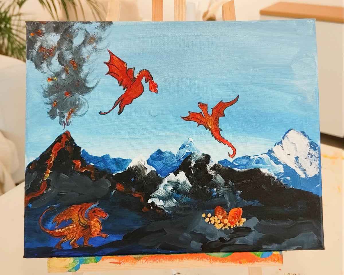 Ein Bild mit roten Drachen, die über Berge fliegen.